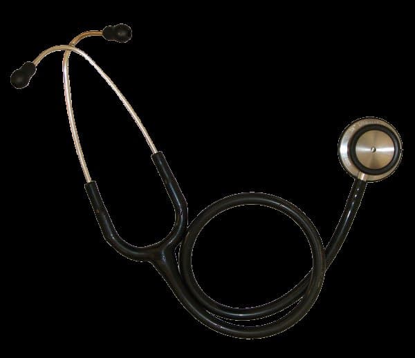 A stethoscope coiled on a pale surface